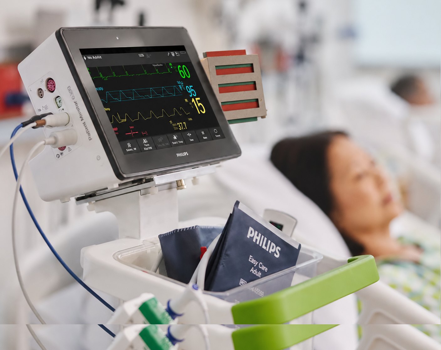 A Philips bedside patient monitor displaying vitals beside a patient in an emergency-care setting.